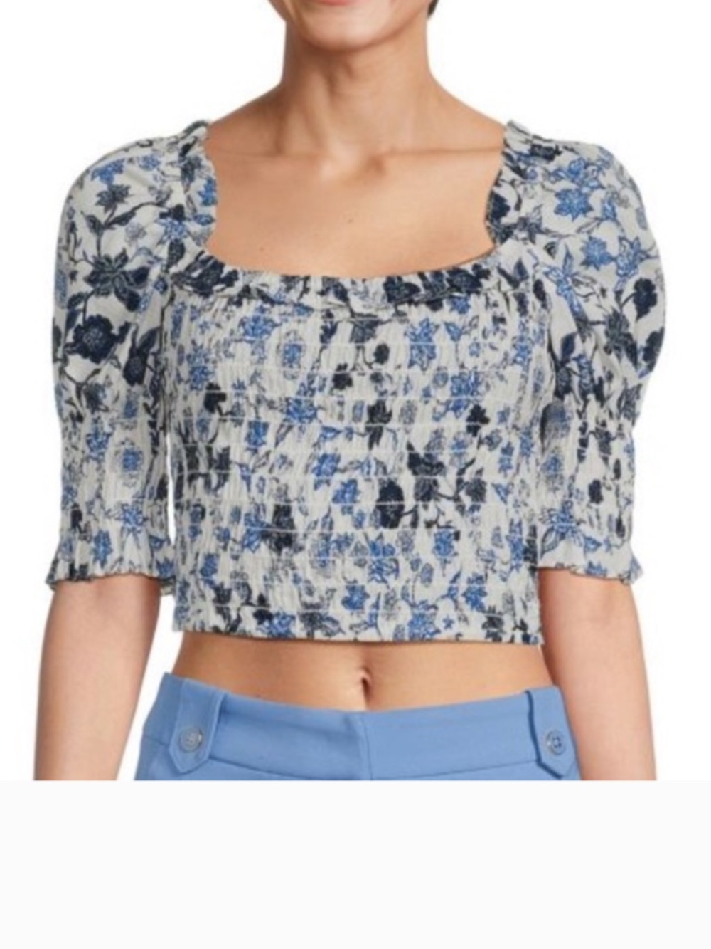 Misa Los Angeles Blue Floral Smocked Crop Top